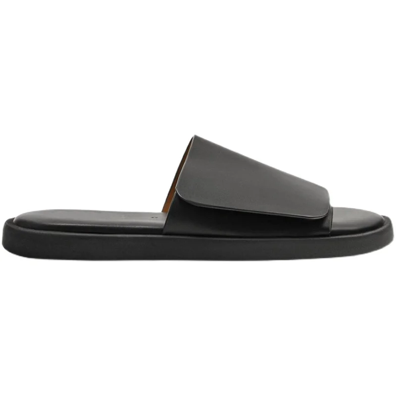 US Size Leisure Men\'s Simple Black Leather Summer Outdoor Slippers Mature Businessman Concise Slides Beach Shoes