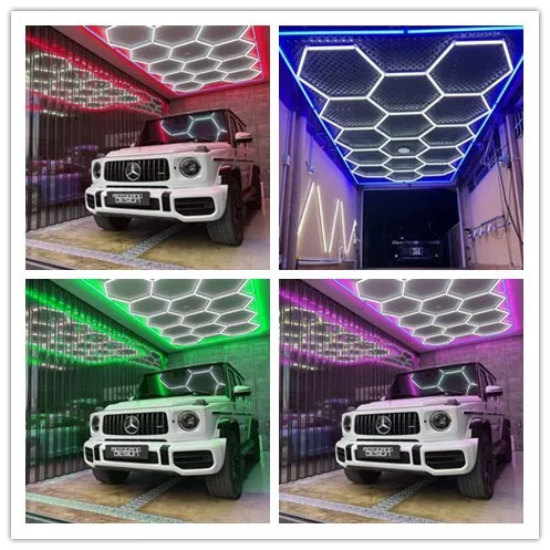 Imagem -02 - Personalizado Hexagonal Garagem Luz de Teto Moldura Azul Led Colorido Auto Car Show Room Carro Detalhando Carro Estúdio