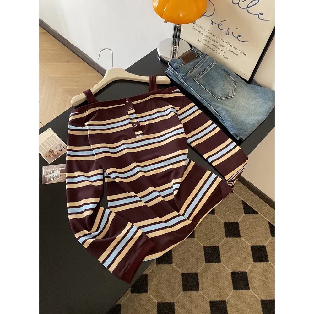 Women Brown Striped T-shirt Harajuku Y2k Gyaru Tee Top 90s Aesthetic Vintage Long Sleeve Off Shoulder T-shirts 2000s Autumn 2025