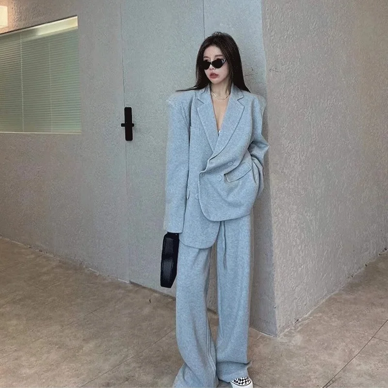 

Женский деловой костюм-двойка в корейском стиле: свободные брюки-палаццо и пиджак для офиса, весна-осень