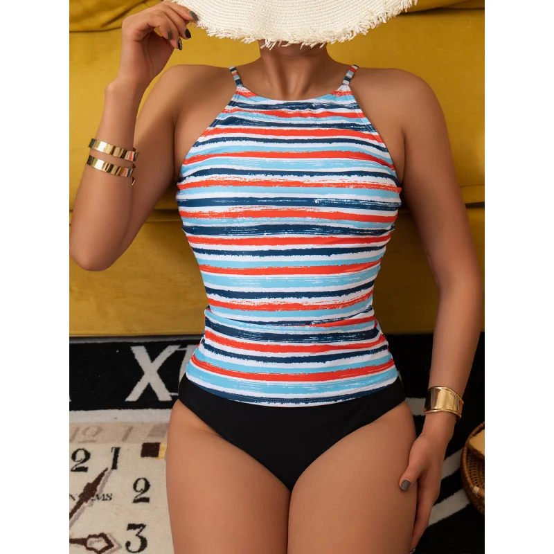 Costume da bagno due pezzi da donna, stile conservatore, disponibile, tankini con cinturino, costumi da bagno a righe