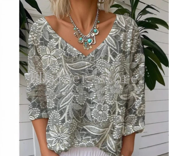 

Popular European and American casual 3D printed tops women's V-neck long-sleeved T-shirts