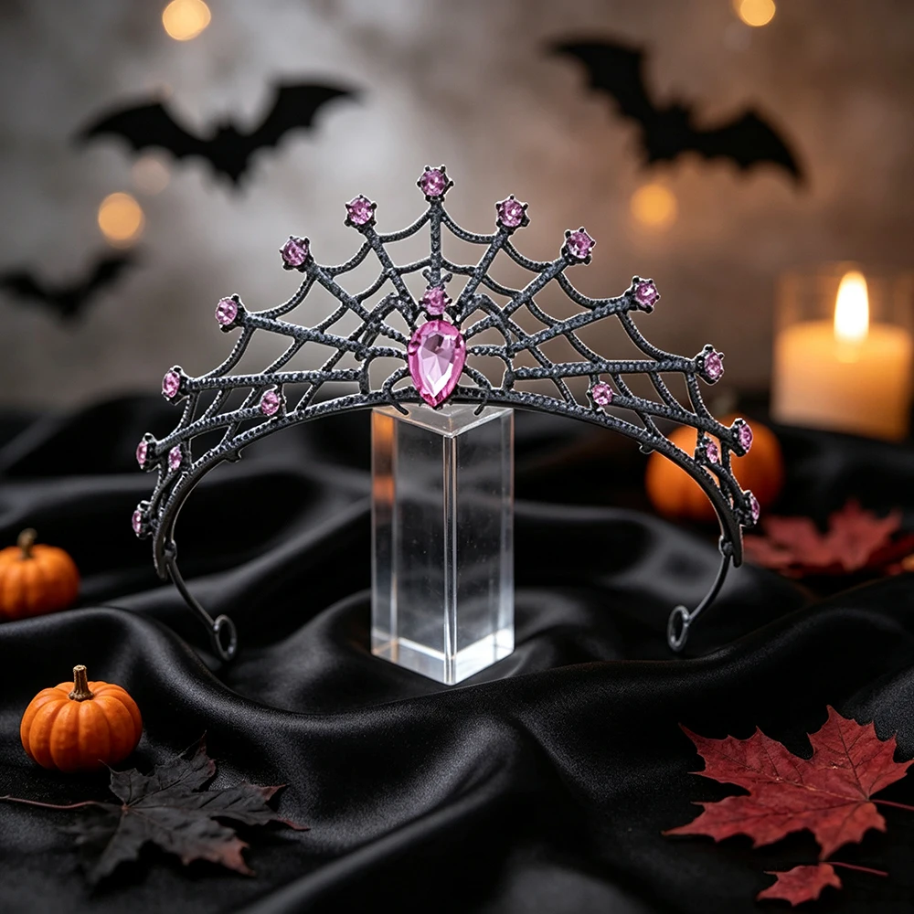 Gothic Spider Web Crown Rhinestone Headpiece Halloween Spider Queen Cosplay Costume Dark Themed Party Bridal Hair Accessories
