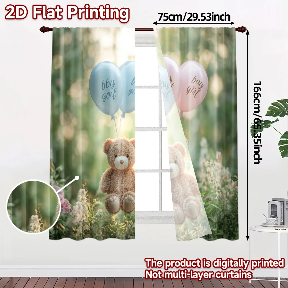 2pcs, 2D FLAT PRINTING Curtains (Without Rod) Teddy Balloons Light Filtering Popular Curtains Durable Polyester Curtains Thermal