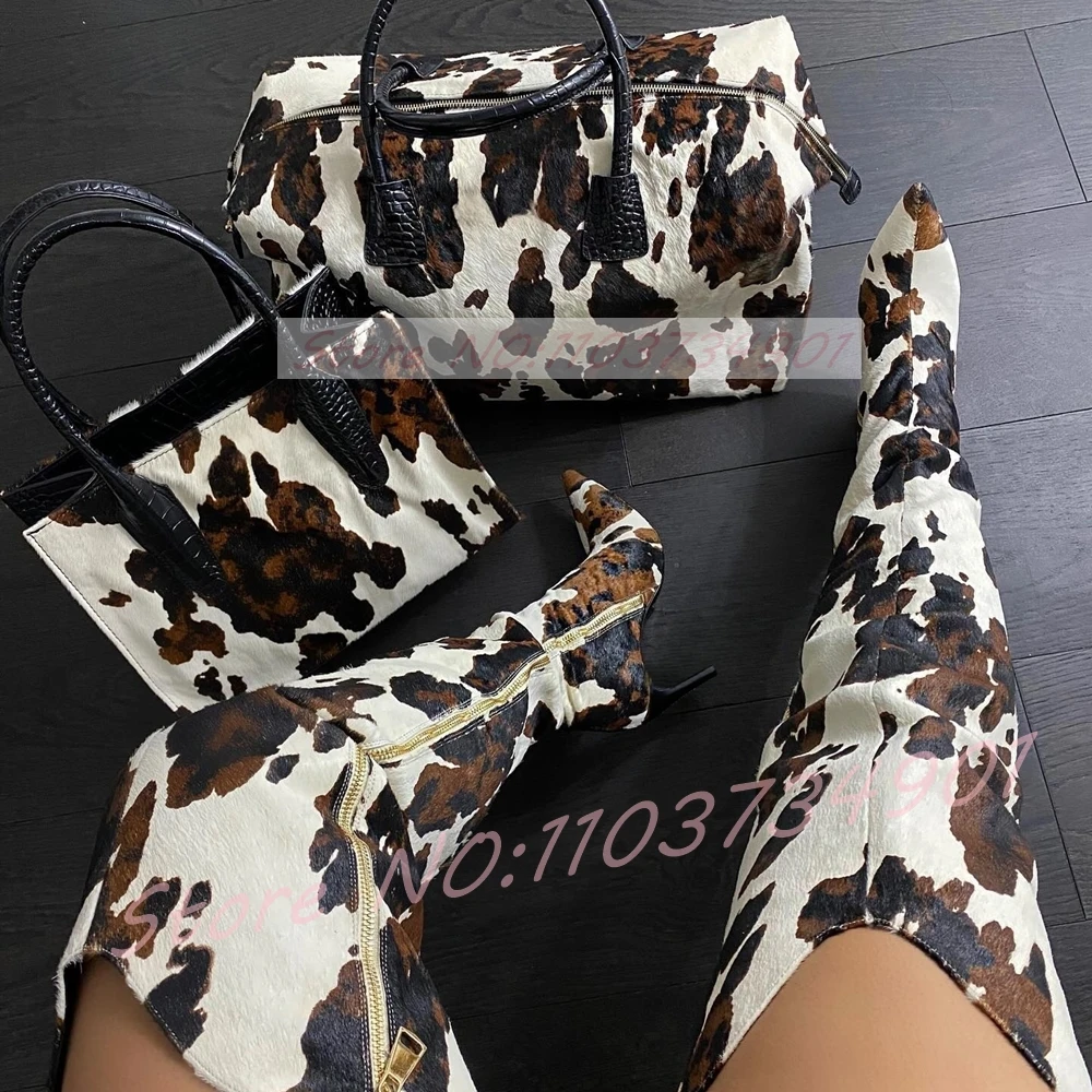 

Cow-Print Horsehair Thigh High Boots Women Pointed Toe Gold Zipper High Heels Boots Ladies Edgy Trendy Party Streetwear Big Size