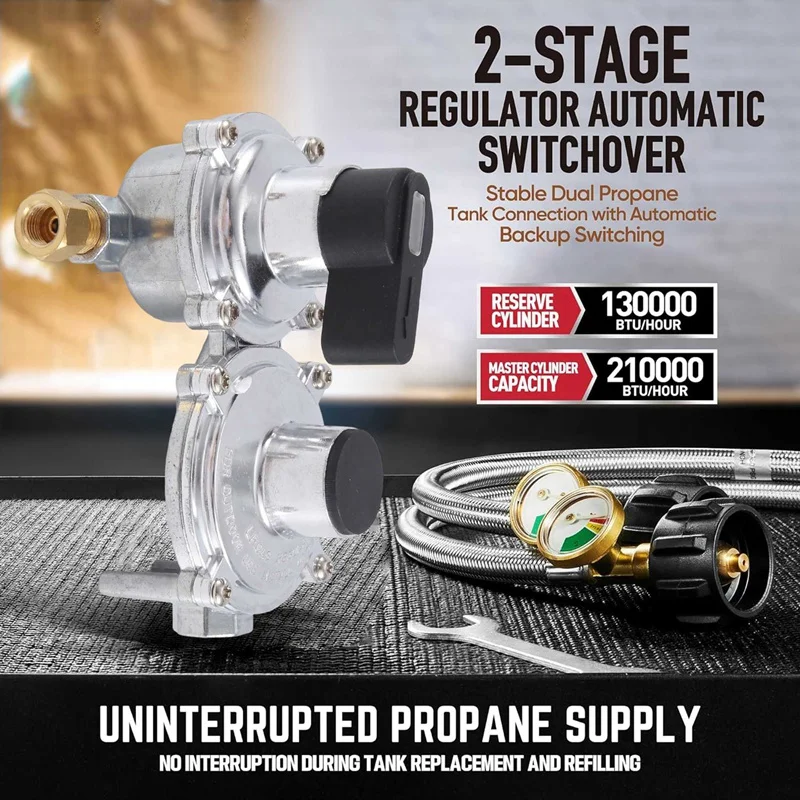 1Set RV Propane Regulator With Hose Heavy Duty 2-Tank 2-Stage Auto Changeover +Gauge