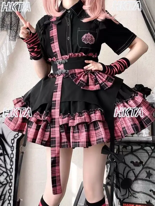 Gonne Lolita con fiocco sottile a vita alta con torta stile punk scuro Subcultura quotidiana Goth Gonne con cinturino corto gonfio scozzese rosa nero da donna