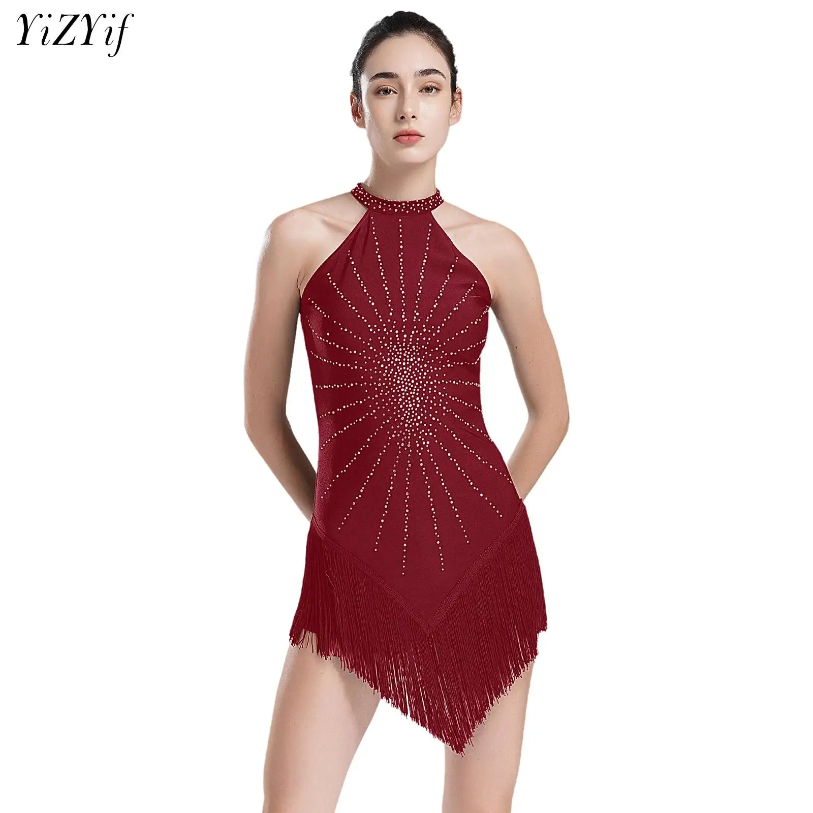 Women Latin Dance Dress Sleeveless Fringed Cutout Back Irregular Hem Dress Ballroom Tango ChaCha Rumba Samba Competition Costume