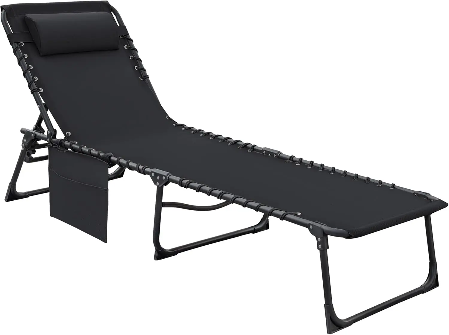 Foldable Chaise Lounge Chair 5-Position Adjustable, Tanning Chair with Side Pocket, Outdoor Sunbathing for Pool Beach Patio Lawn