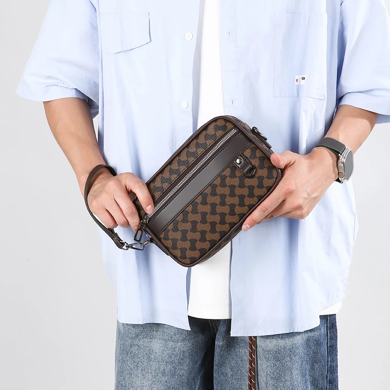 Fashion Business Shoulder Bag PU Leather Men Clutch Bag Wide Strap Crossbody Bag Designer Casual Male Messenger Pack Phone Purse