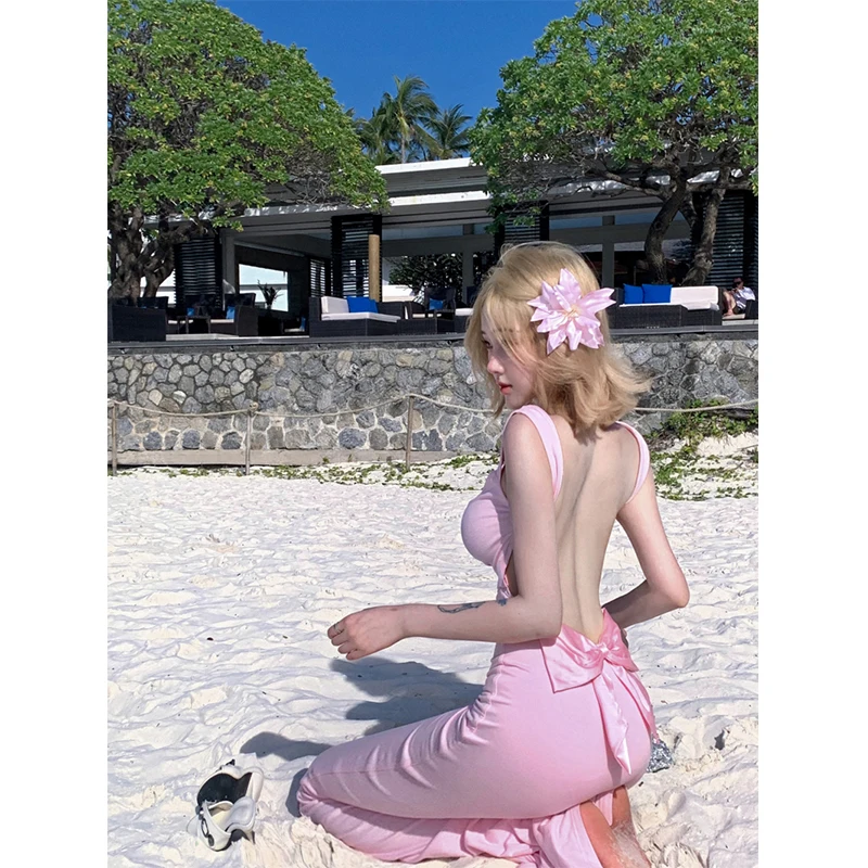 Elegancka Różowa Satynowa Długa Sukienka Damska Moda Impreza Sexy Kokarda Bez Pleców Maxi Sukienki Letnie Gyaru Wakacje Koreańska Obcisła Sukienka Vestidos