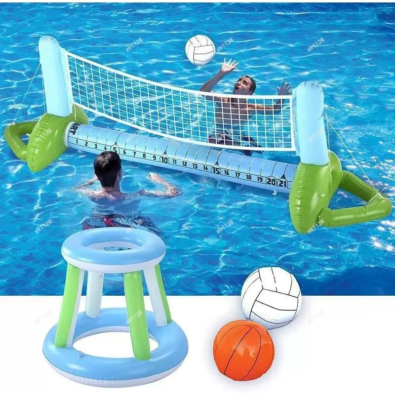 Inflatable Floating Sports Game Set With Basketball & Volleyball Frame For Pool Beach Group Water Fun