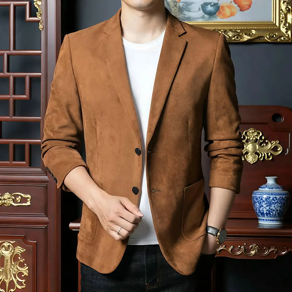 

Old Money Men's Khaki Black Blazers Shadow Pattern Fleece Fabric Outfits Slim Fit Notched Lapel Single Breasted Design Attire