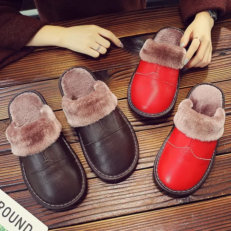 

2024 autumn and winter new leather slippers simple fashion non-slip warm home thickened couple cowhide cotton slippers 6434