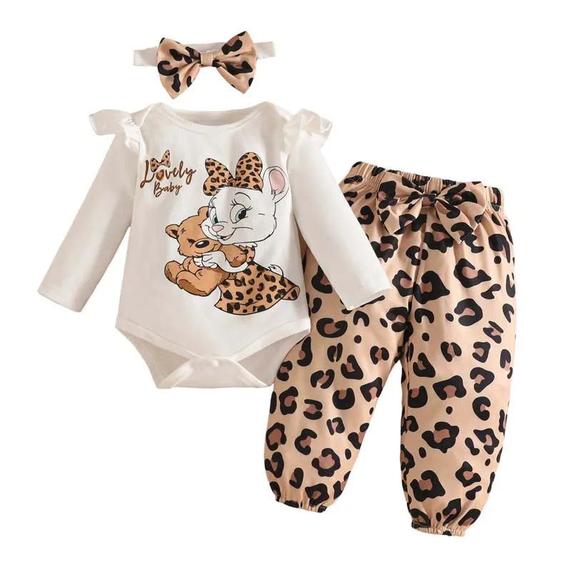 

3Pcs Set 0-3 Months Baby Girl Clothes Autumn Cute Cartoon Letter Long Sleeves Bodysuit Leopard Print Pants Hairband Baby Outfits