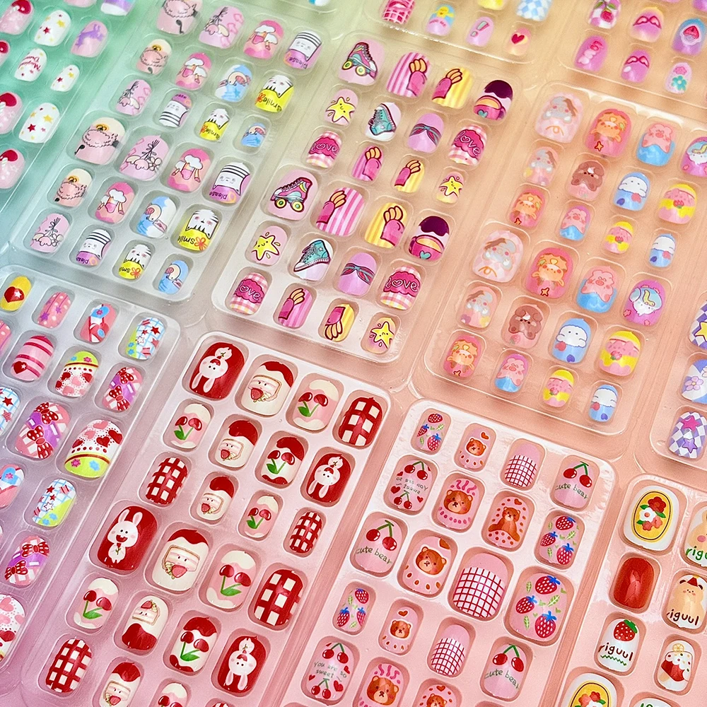 

120 шт./упак. Накладные ногти для детей с мультяшным дизайном: милые медведи, кролики, кошки. Искусственные ногти для девочек, подарок, накладные кончики пальцев.