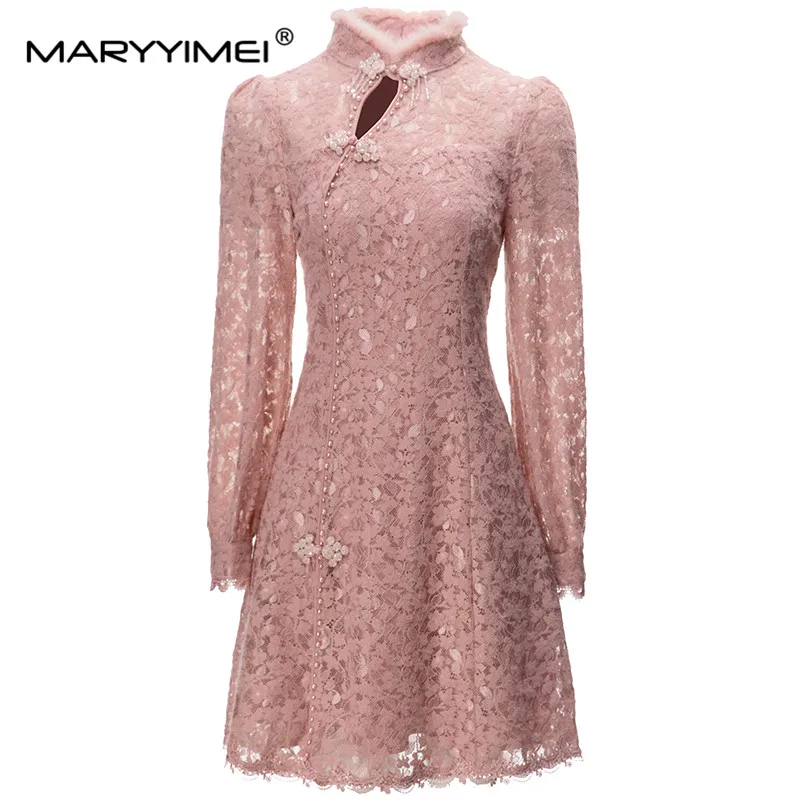 

MARYYIMEI New Fashion Designer Dress Women's Stand Collar With Plush Lantern Sleeves Bead Crystal Sequin Lace Chinese Mini Dress