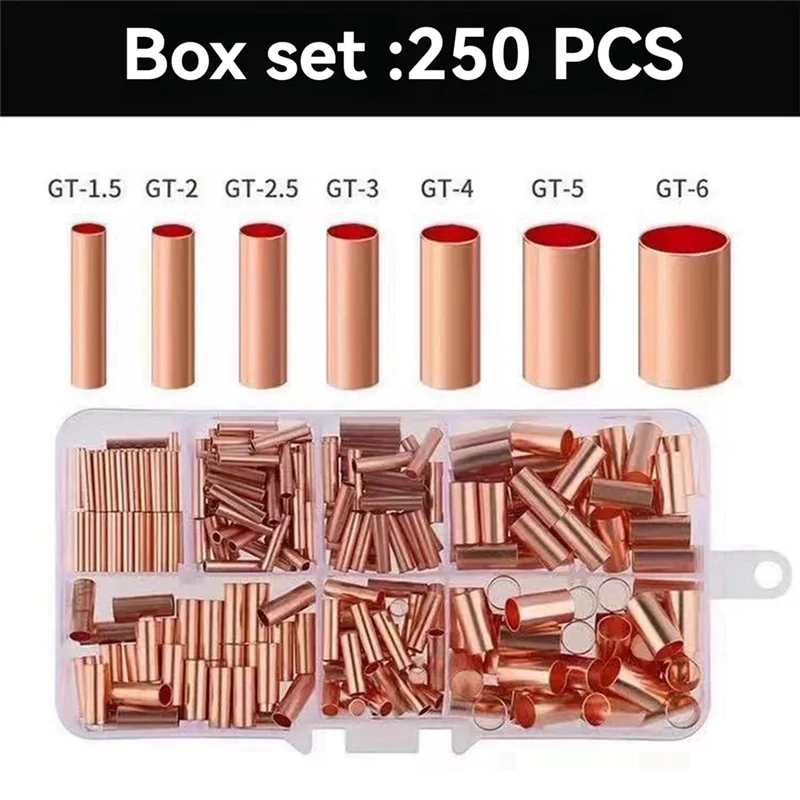 

CYCLI-250Pcs GT Copper Connecting Pipe Wire Joint Small Copper Tube Terminal Cable Lug Bootlace Ferrule Kit W/Crimping Pliers