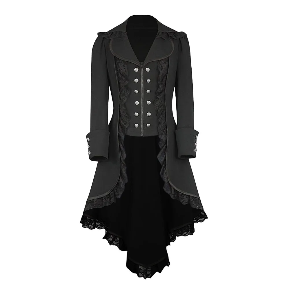 

Medieval Double-Breasted Irregular Hem Trench Coats 2024 Long Sleeve Doll Collar Lace Edge Gothic Punk Cloak Victorian Costume