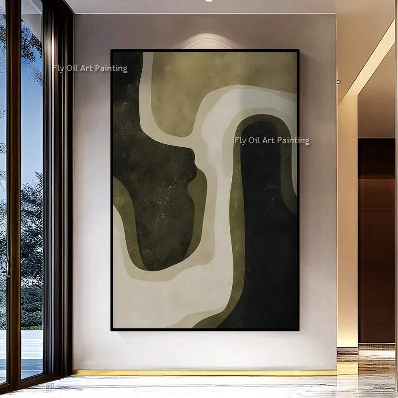 Olive Black Organic Shape Canvas, Hand‑Painted Impasto Oil Painting, Wavy Curved Neutral Vertical Textured Wall Decor