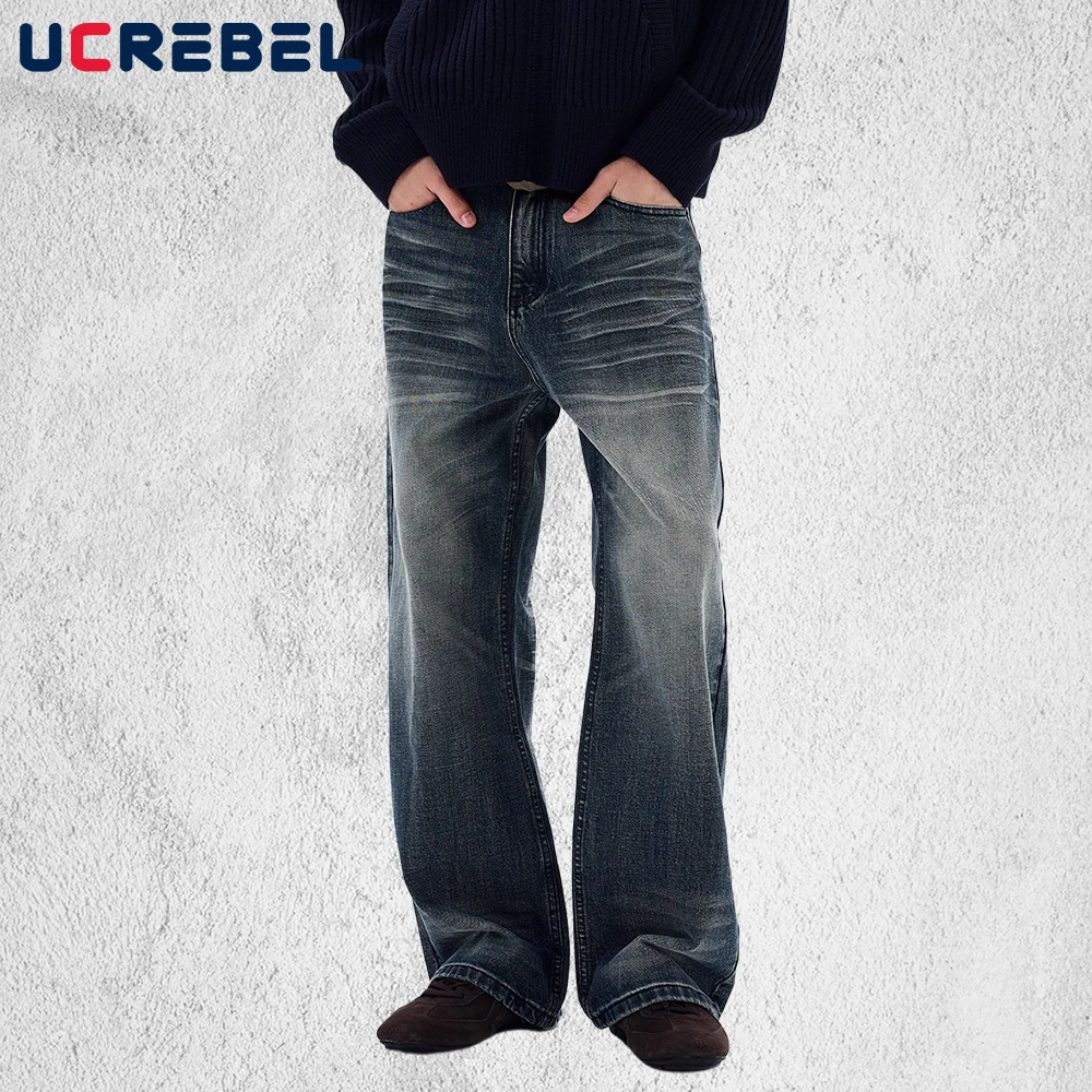 

Ретро потертые потертые джинсы, мужские карманные уличные мешковатые прямые широкие брюки на молнии, мужские джинсовые брюки