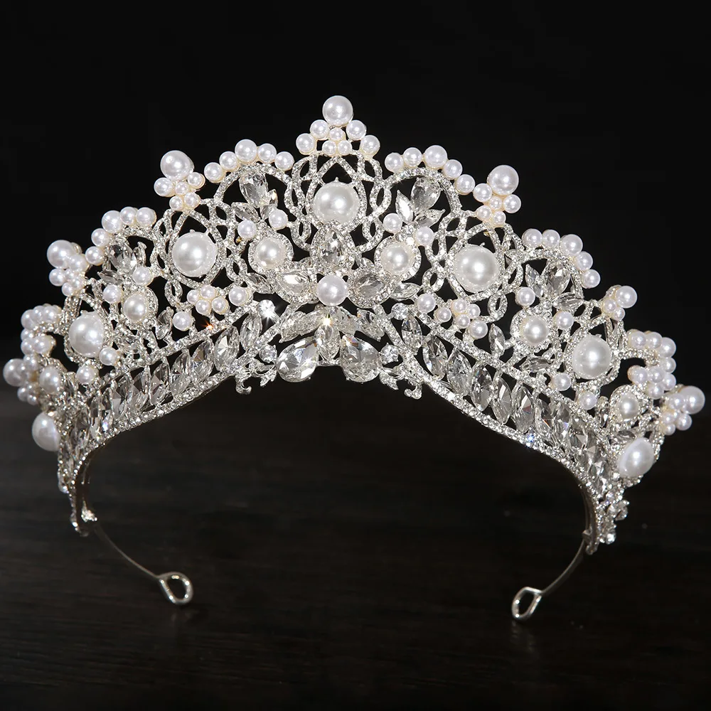 Pearl Crown Tiara for Bride Wedding Hair Accessory Silver Queen Headpiece for Women European Style Birthday Party