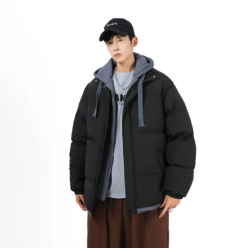 New Autumn Winter Loose Splicing Fake Two-Piece Hooded Cotton Jacket Men Trendy And Fashionable Versatile Casual Cotton Coat