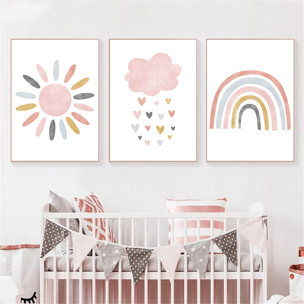 Toile imprimée pour enfant, dessin animé rose, nuage, soleil, arc-en-ciel, peinture artistique murale, affiche de pépinière, images murales nordiques pour décor de chambre d'enfant et de bébé
