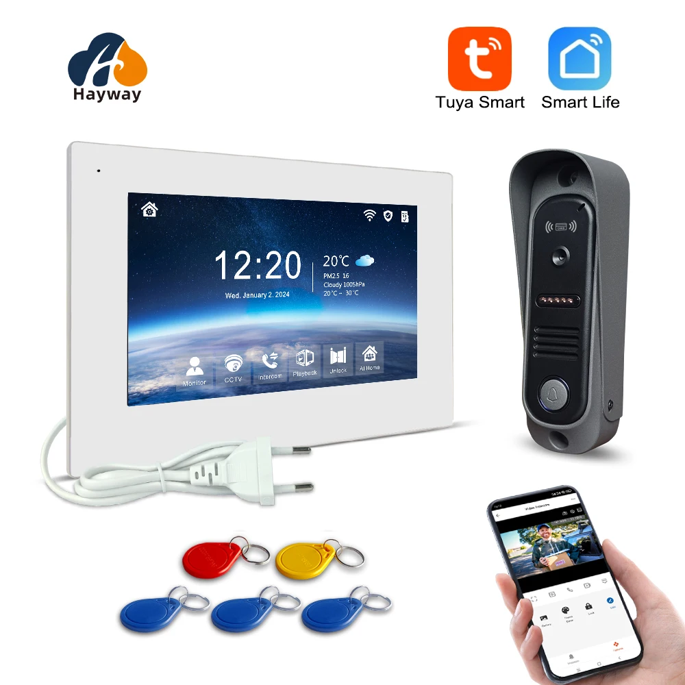 1080P home  intercom system,7” IPS  screen ID card unlocking doorbell, mobile detection, image storage, TUYA wireless doorphone