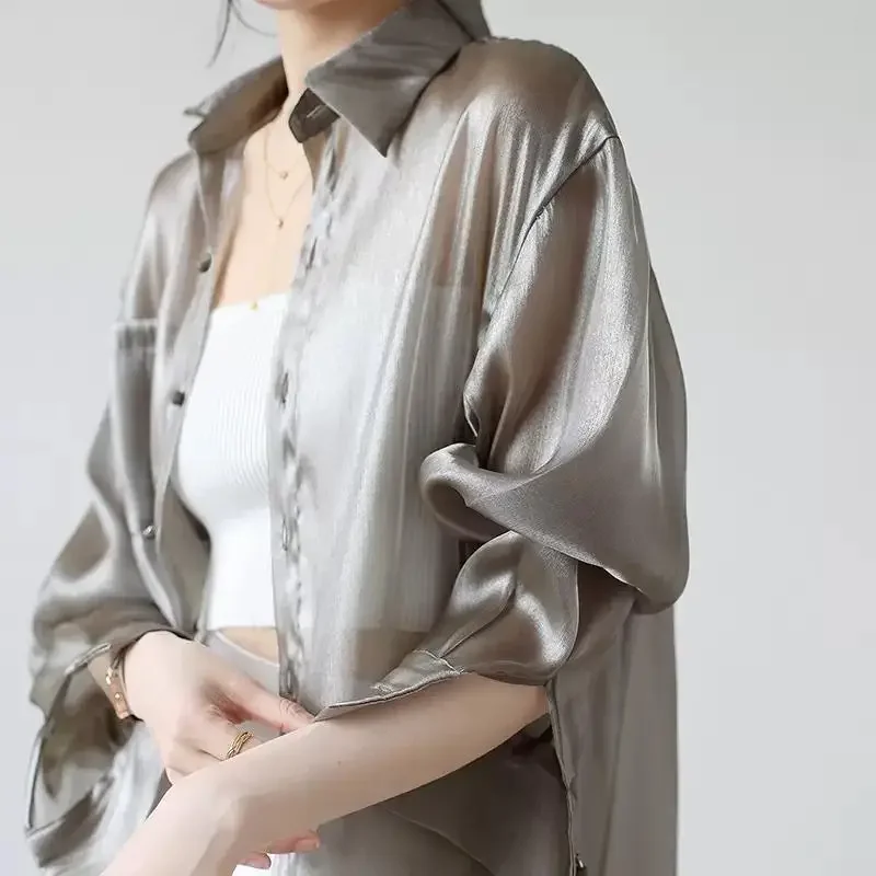 Summer Women New Thin Temperament Tops 2024 Lapel Long Sleeve Cool Shirts Solid Color Perspective Sexy Sunscreen Shirt Z943