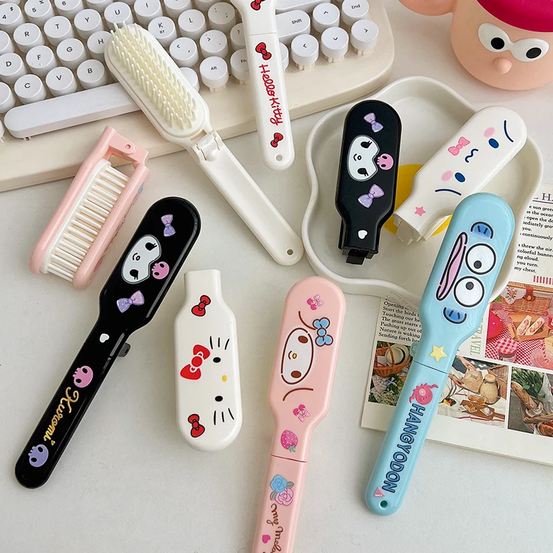 Sanrios HelloKitty Foldable Hairdressing Combs Kuromi Melody Cartoon Girly Heart Travel Portable Soft Tooth Massage Hairbrush