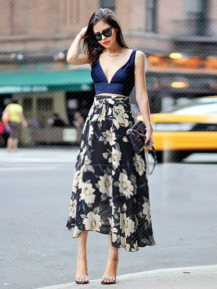 Plus Size Print Floral Skirt Women 2024 Summer Loose Elastic High Waist Chiffon Midi Skirts Lace Up Bow L-5XL Swing Jupe Femme