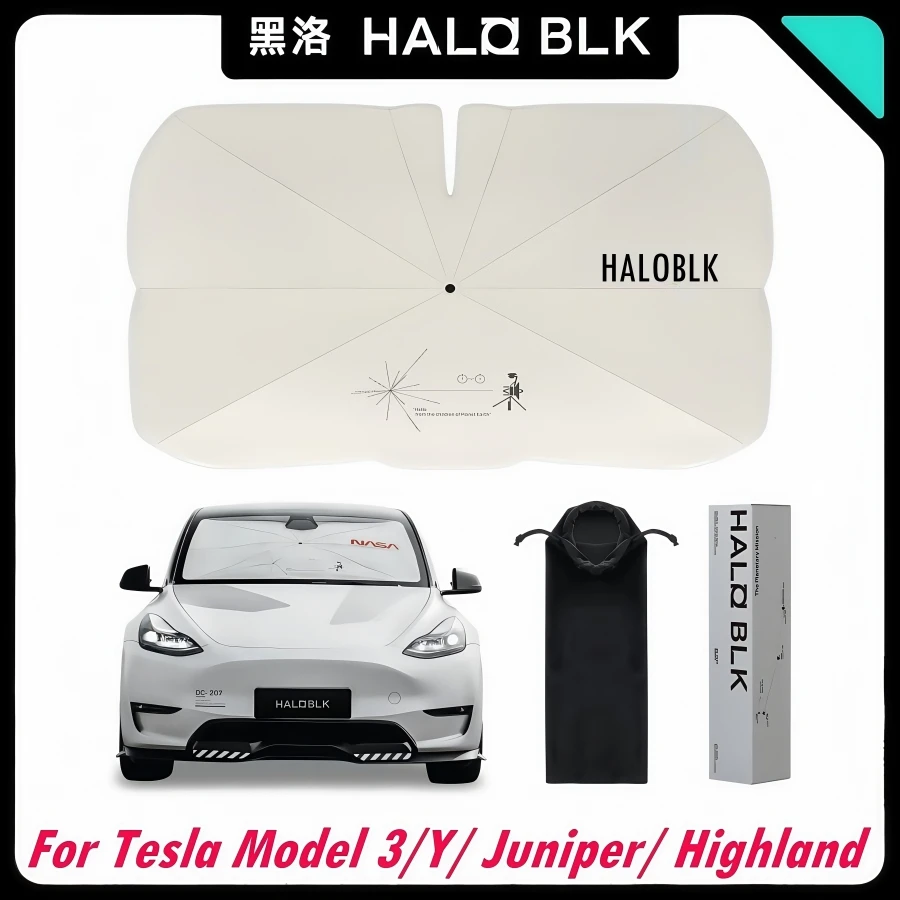 

HALOBLK Windshield Sunshade Umbrella for All Tesla Model Y Model 3 Juniper Highland 2025 2026 Voyager-2 Mission Edition