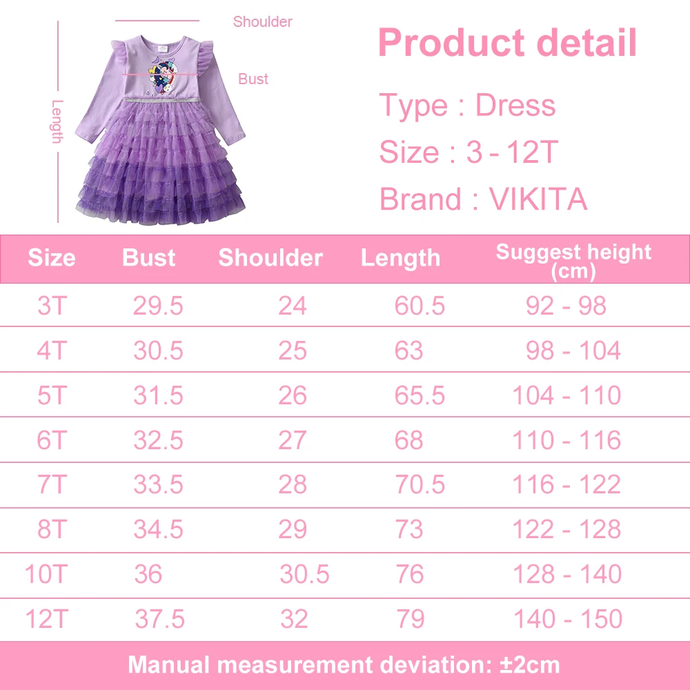 VIKITA Girl Flare Sleeve Dresses Kids Unicorn Princess Dress Girls Purple Mesh Tulle Birthday Party Performance Layered Dress