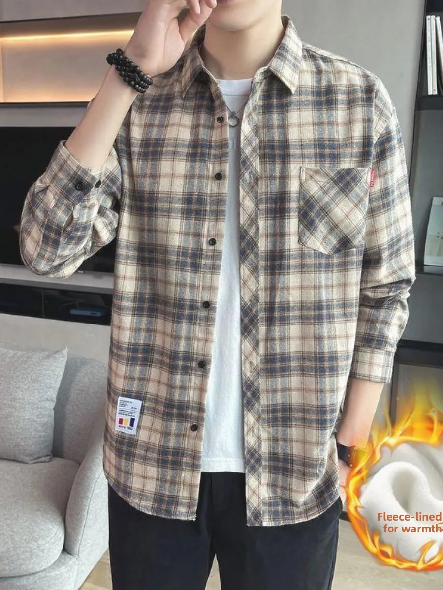 

Thiened Flannel Men's irt Warm Casual Autumn Winter Plaid irt Student Youth Ciwalk Long Sve Collar Inner Wear