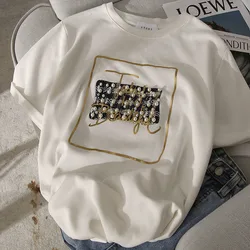 Female bead Letter Print T-shirts Women New Cotton Tees for Summer Lady Fashion  4XL Tops