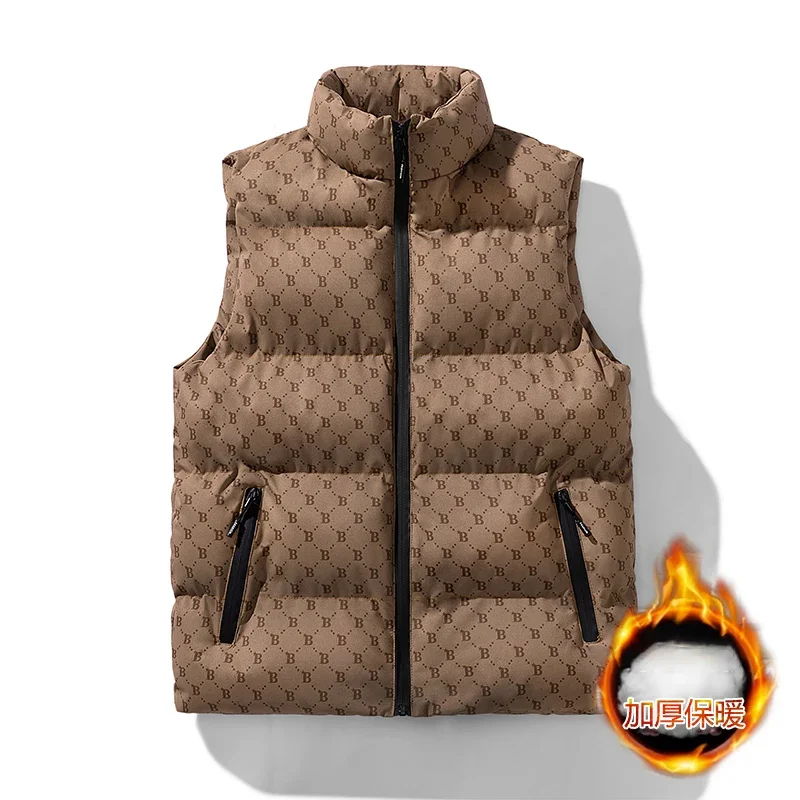 Autumn Winter New Men Letter Printed Vest Stand Collar Sleeveless Coat Casual Thick Warm Zipper Male Vest Coat