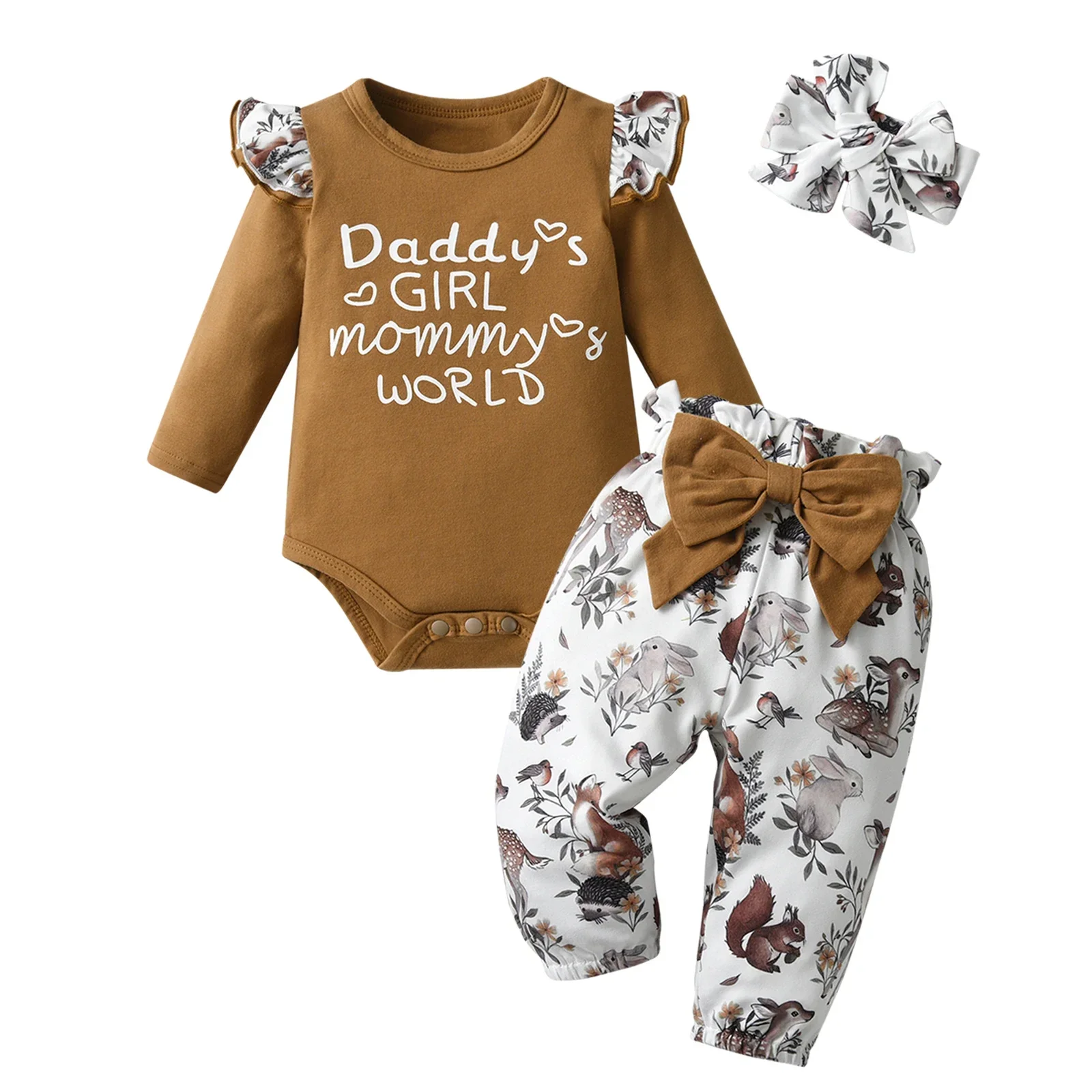 3pcs Newborn infant Baby Girl Clothes Set Cotton Long Sleeve Romper Top with Letters + Bowknot Pants Come with Headband Outfit