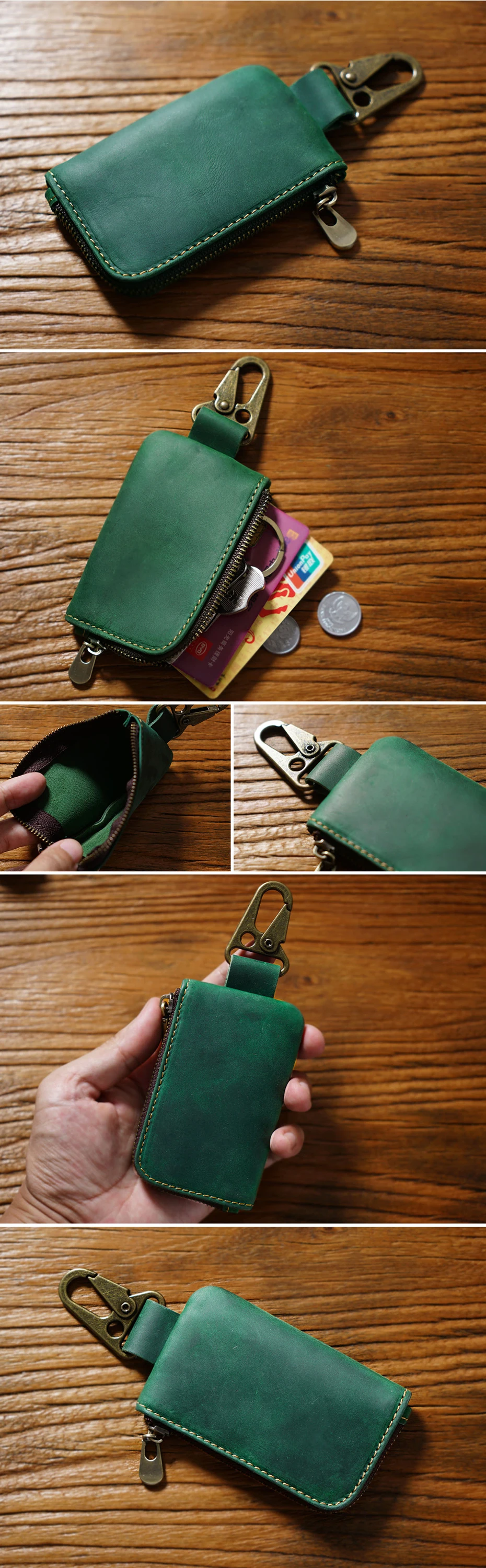 Multifunktionale Leder-Geldbörse mit Schlüsselanhänger, Ring, Schlüsselhalter, Geldbörse mit Karabinerhaken für Münzen, Schlüssel und Karten, Mini-Geldbörse – Detail 4