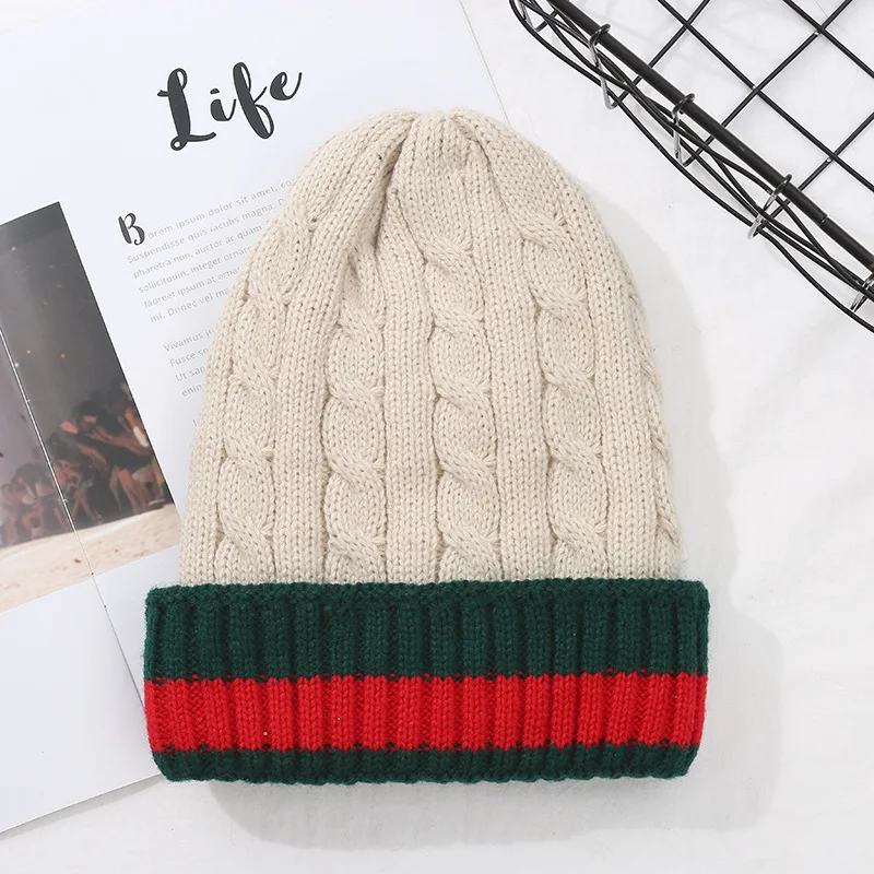 Winter Warm Pullover Hat for Women\'s Twist and Velvet Beanie Fashion Stretch Knit Sweater Hat Hot Stripes Casual Cap for Men