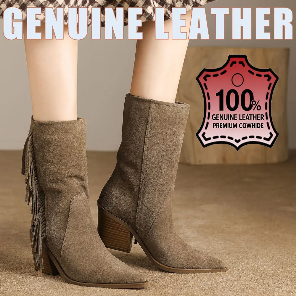 Genuine Leather Women Fringe Mid Calf Boots Suede Cow Leather Pointed Toe Block Heel Western Style Cowboy Women Boots