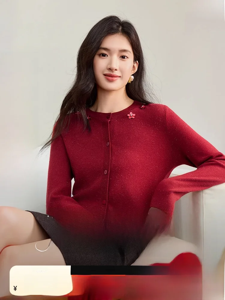 

Новый красный кардиган-свитер для женщин, весна 2026, с круглым вырезом, на пуговицах, эластичный, из яркой пряжи, с длинными рукавами
