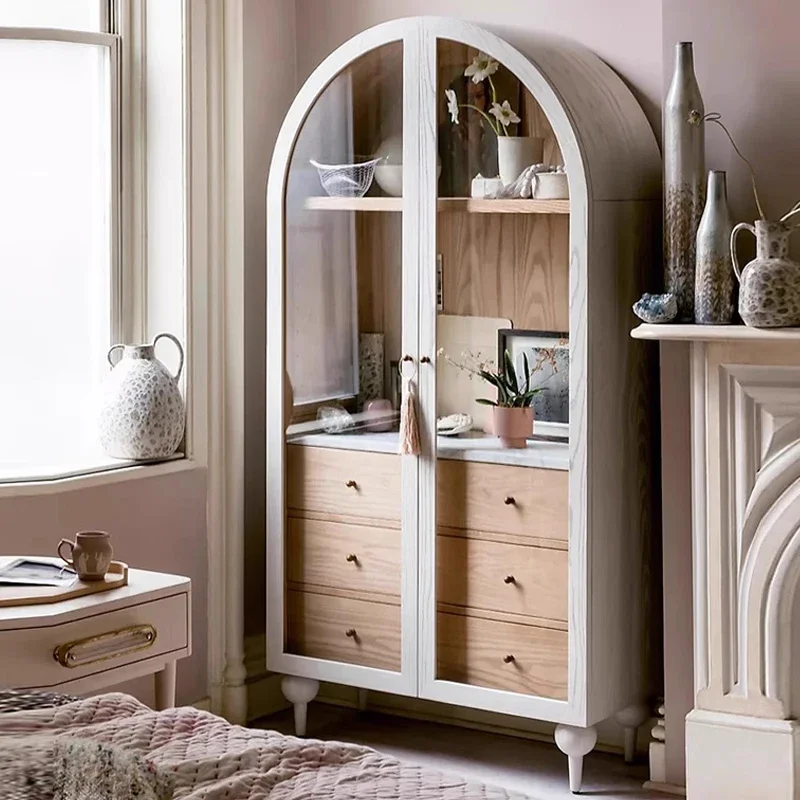 

-French Solid Wood Antique Cabinet Retro Arch Decorative Cabinet American Glass Side Cabinet Dustproof Storage Custom