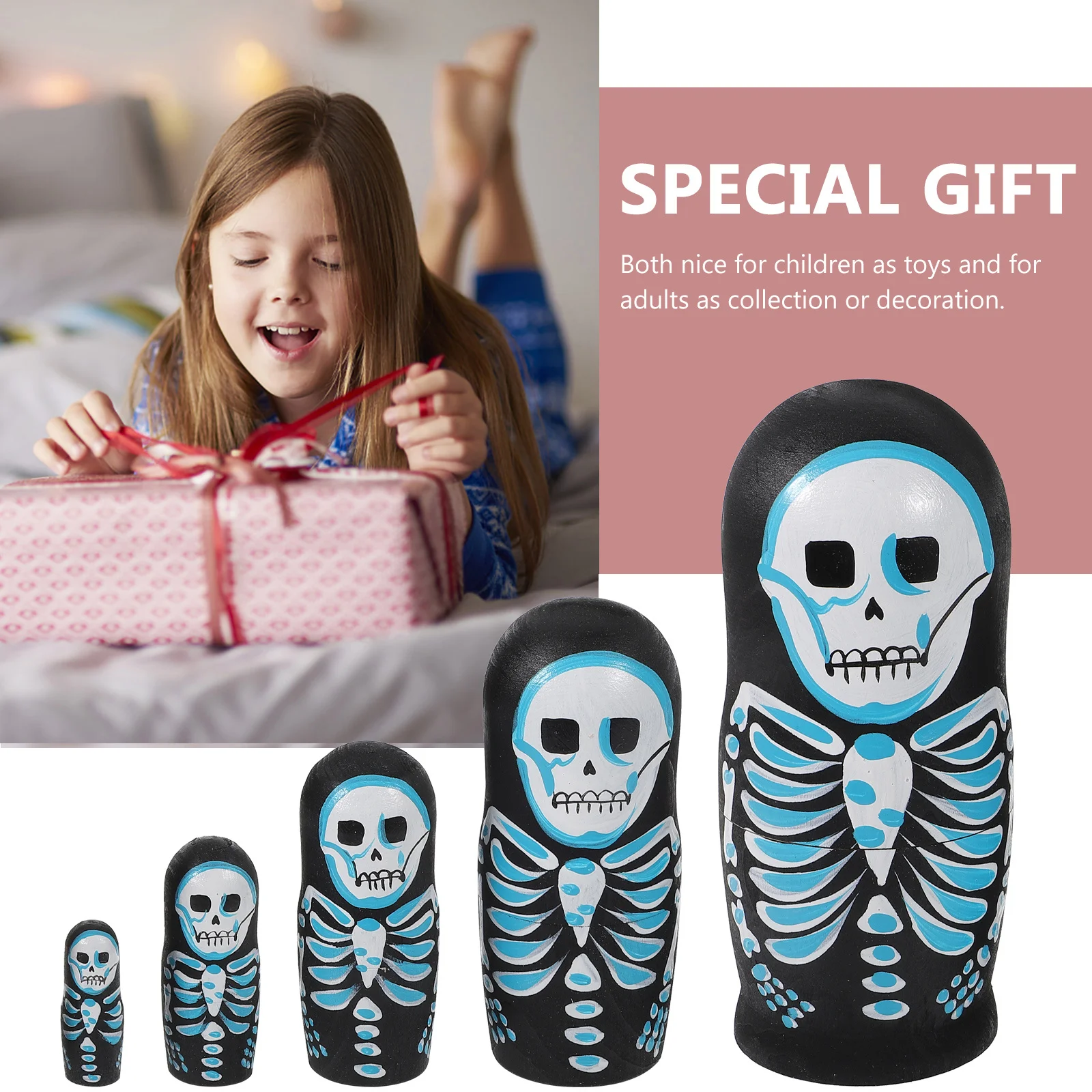 5 قطع من الجمجمة الخشبية الروسية للأطفال والكبار، هدية تخزين مزخرفة، هدية فنية فريدة من نوعها #1