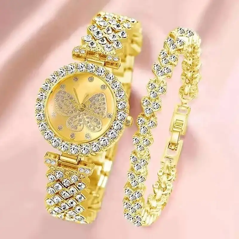 2PCS/Set Luxury Rhinestone Women Watches Fashion Butterfly Dial Ladies Quartz Wristwatch Bracelet Set Reloj Mujer