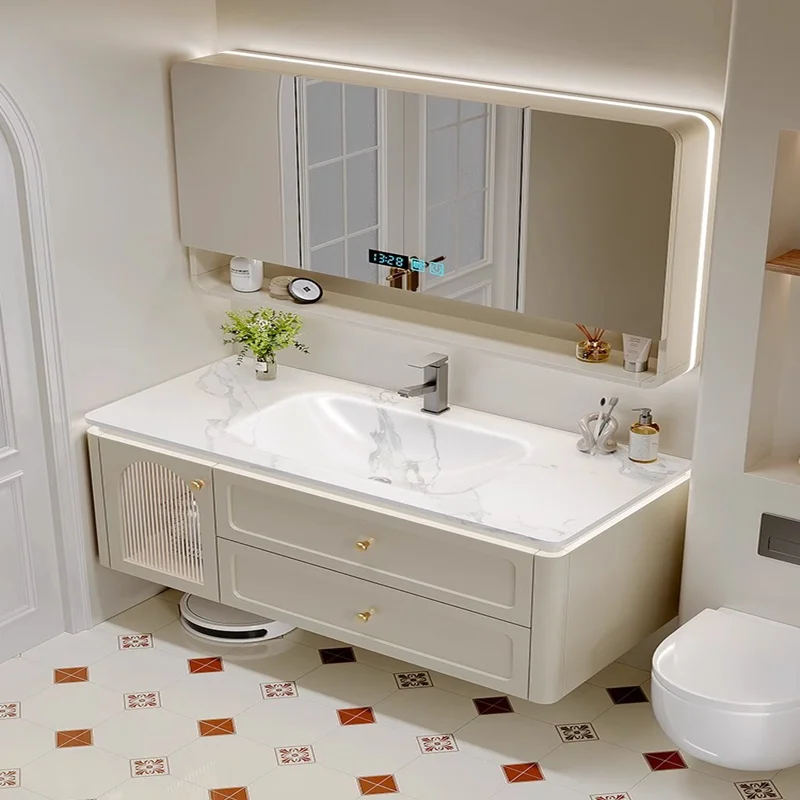 

French wind rock slab hot bending integrated basin oak bathroom cabinet combination bathroom sink cabinet