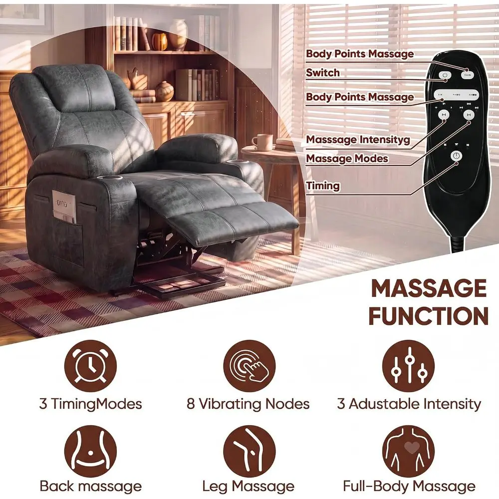 Power Lit Recliner Chair, Recliner Chair with Massage or Elderly | Leathaire abric Lit Chair with Cup Holders, Side kets and Rem