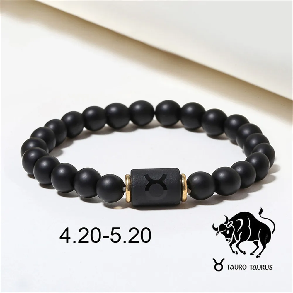 Pulseras de cuentas del zodiaco para hombres y mujeres, pulsera de cuerda elástica de ágata negra mate, regalos de joyería para parejas, 12 Constelaciones