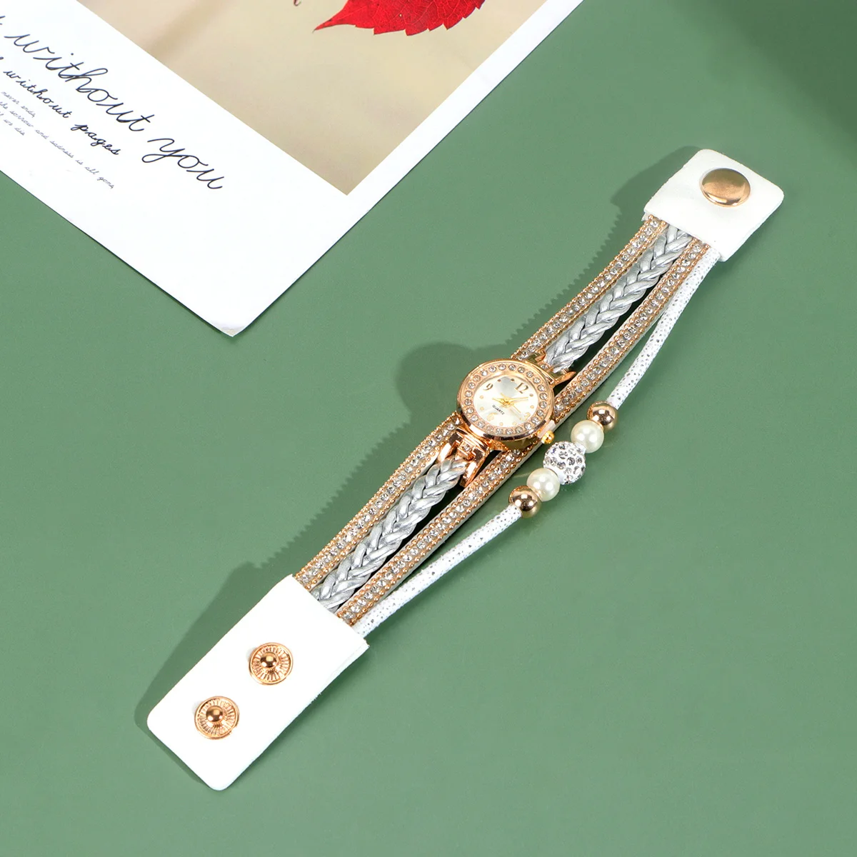 

Creative Women Watch White Rhinestone Quartz Wrist Watch Braided Strap Accurate Time Keeping Device Wrist Chain