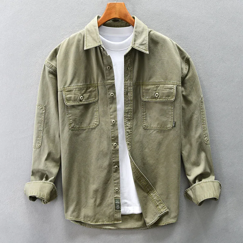 

Vintage Cargo Military Shirts Mens Spring Autumn Multiple Pockets Solid Color Cotton Long Sleeve Shirts Casual Loose Coats Male